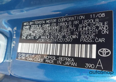 2009 Toyota Yaris from USA, damaged, VIN JTDBT903191327397